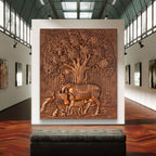 Kamdhenu and calf with sacred banyan tree of life 3D relief mural in 5x4 feet size, handcrafted spiritual wall decor for home or pooja room