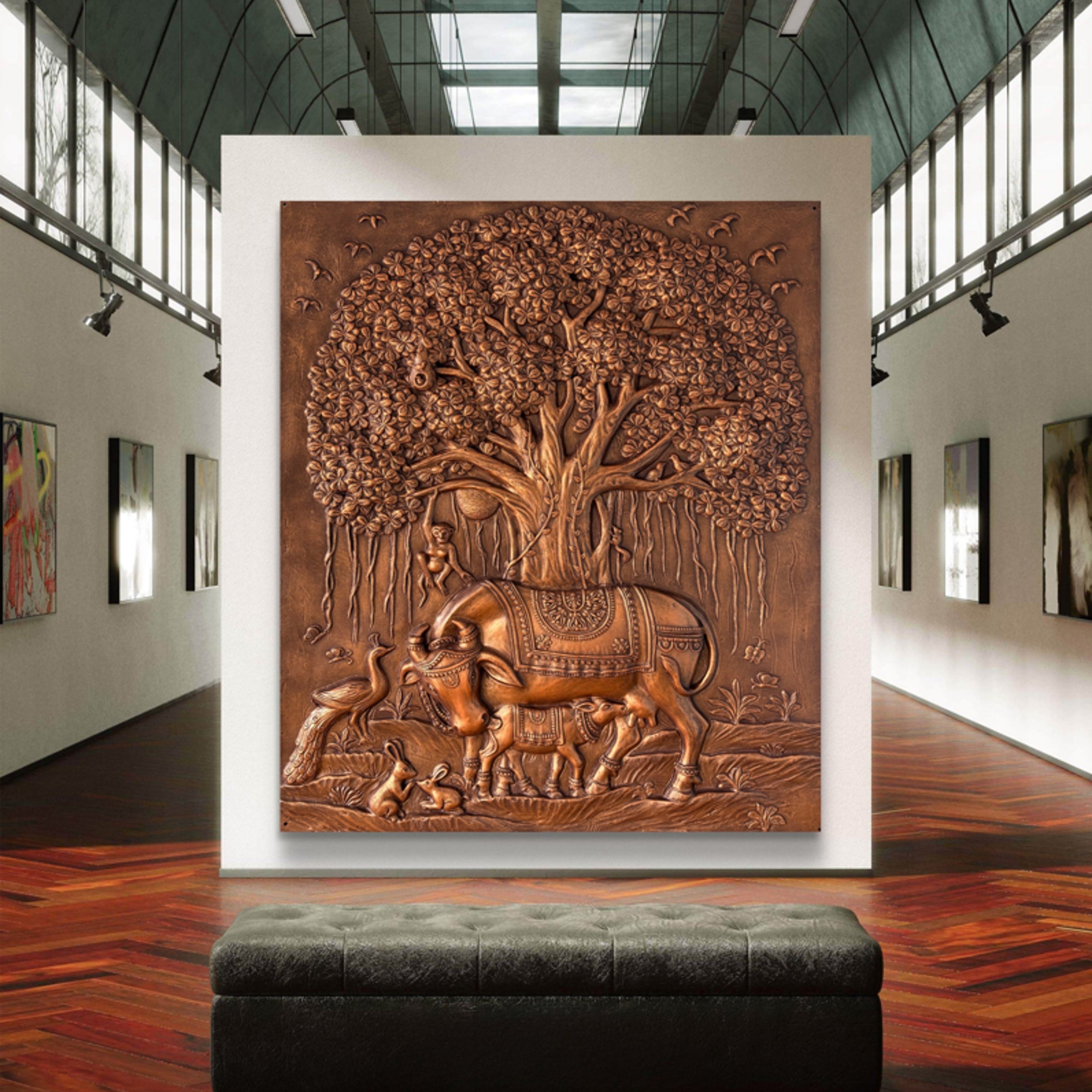 Kamdhenu and calf with sacred banyan tree of life 3D relief mural in 5x4 feet size, handcrafted spiritual wall decor for home or pooja room