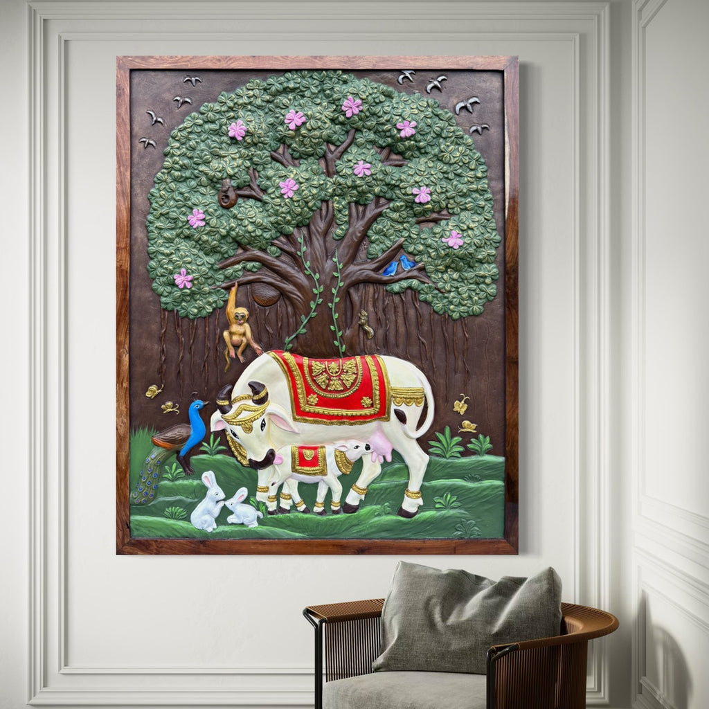 Kamdhenu and calf 3D relief mural with sacred Banyan Tree of Life, handcrafted wall art for spiritual home decor, 5x4 feet in wooden framed and multicolour