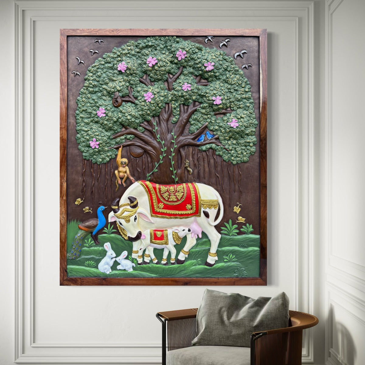 Kamdhenu and calf 3D relief mural with sacred Banyan Tree of Life, handcrafted wall art for spiritual home decor, 5x4 feet in wooden framed and multicolour