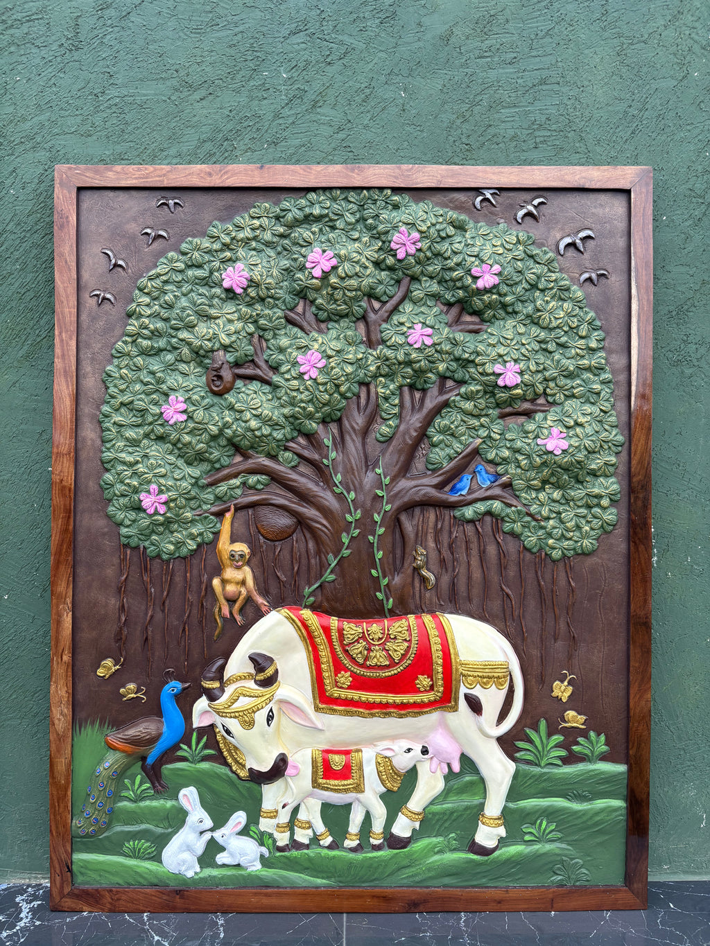 Kamdhenu and calf 3D relief mural with sacred Banyan Tree of Life, handcrafted wall art for spiritual home decor, 5x4 feet framed and in multicolour.