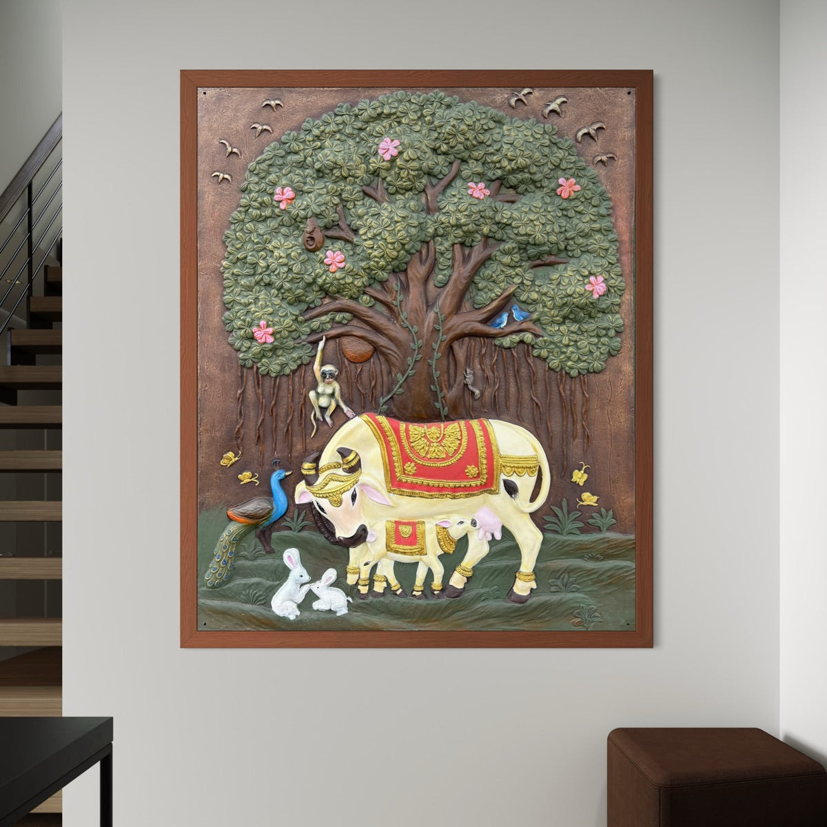 Kamdhenu and calf 3D relief mural with sacred Banyan Tree of Life, handcrafted wall art for spiritual home decor, 5x4 feet in wooden framed and multicolour.