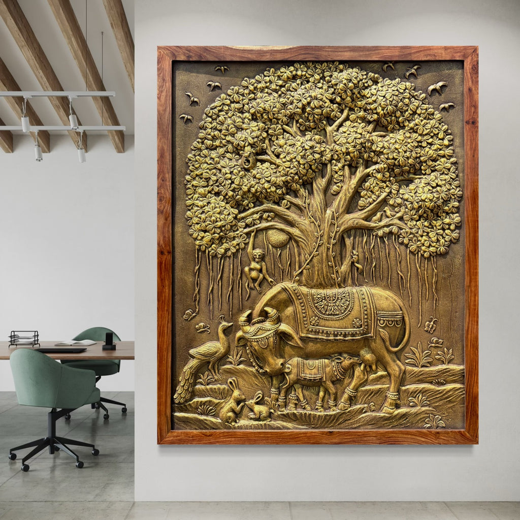 Kamdhenu and calf 3D relief mural with sacred Banyan Tree of Life, handcrafted wall art for spiritual home decor, 5x4 feet in wooden frame.