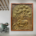 Kamdhenu and calf 3D relief mural with sacred Banyan Tree of Life, handcrafted wall art for spiritual home decor, 5x4 feet in wooden frame.