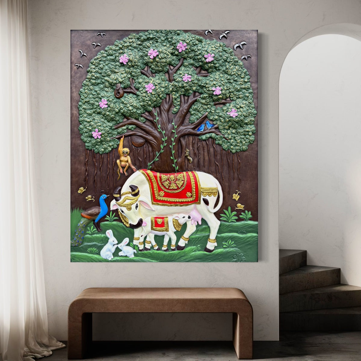 Kamdhenu and calf 3D relief mural with sacred Banyan Tree of Life, handcrafted wall art for spiritual home decor, 5x4 feet in multicolour
