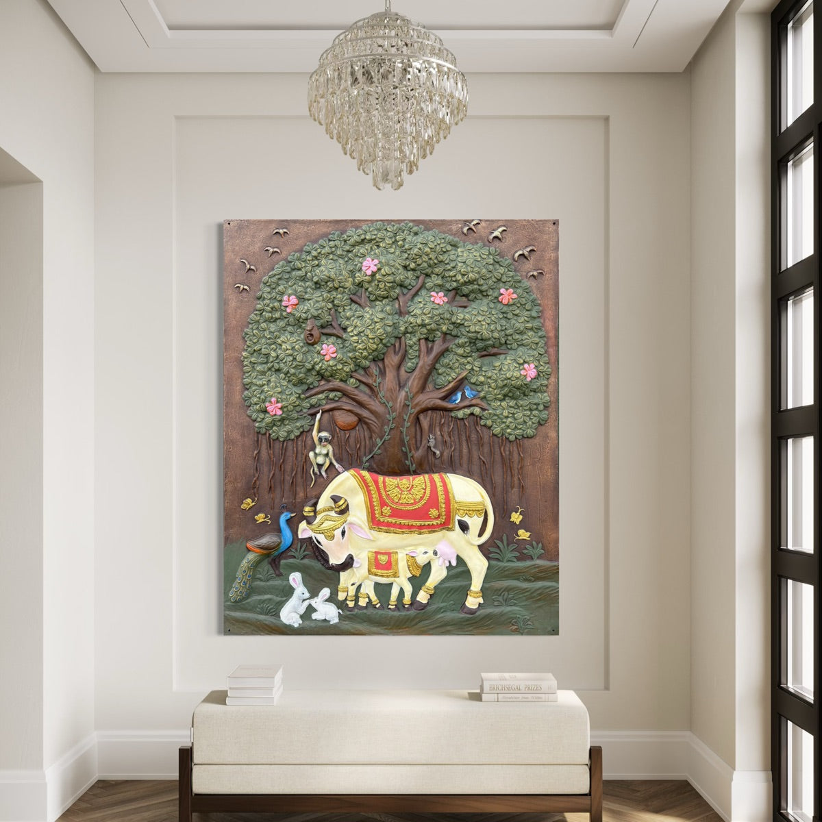 Kamdhenu and calf 3D relief mural with sacred Banyan Tree of Life, handcrafted wall art for spiritual home decor, 5x4 feet in multicolour.