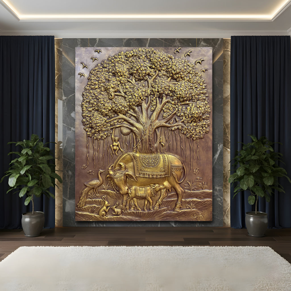 Kamdhenu and calf 3D relief mural with sacred Banyan Tree of Life, handcrafted wall art for spiritual home decor, 5x4 feet