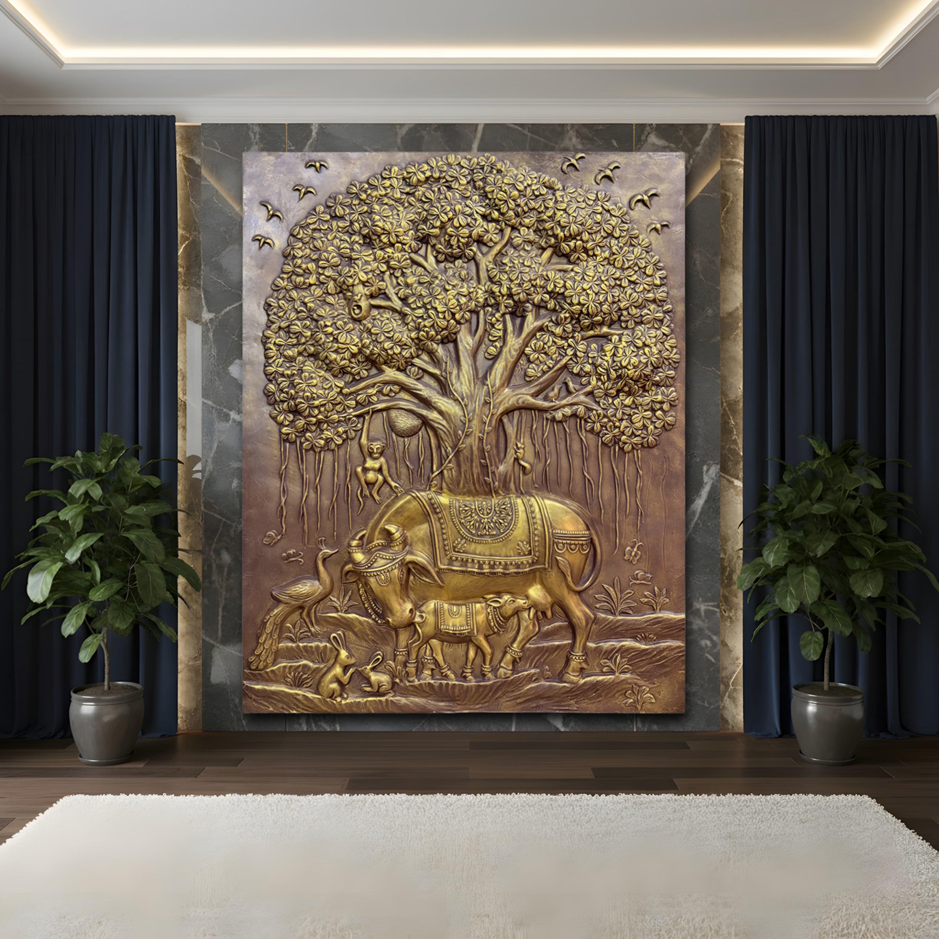 Kamdhenu and calf 3D relief mural with sacred Banyan Tree of Life, handcrafted wall art for spiritual home decor, 5x4 feet