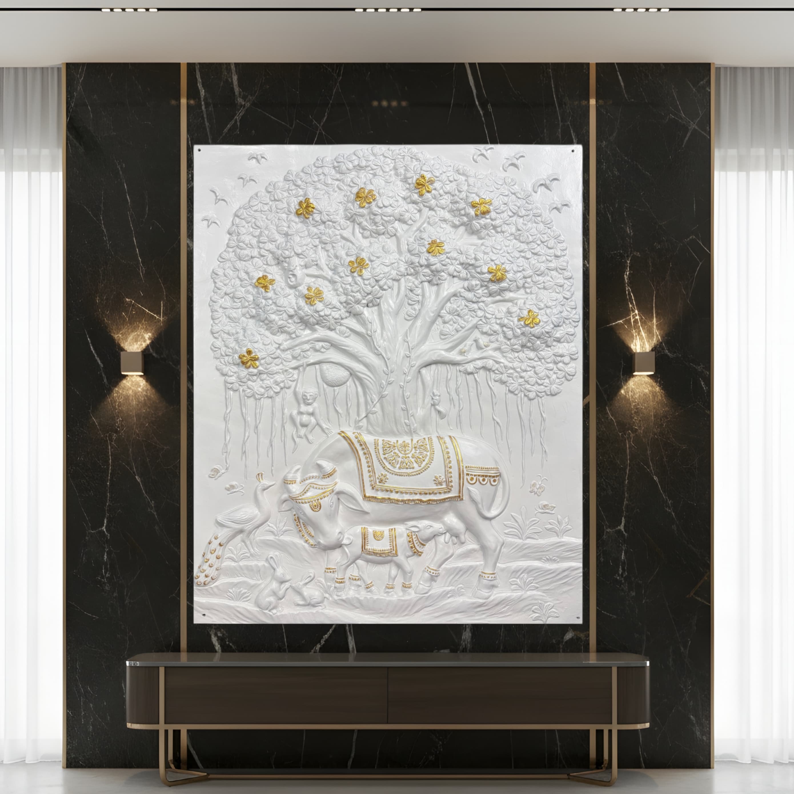 Kamdhenu and calf 3D relief mural wall art featuring the sacred Banyan Tree of Life, handcrafted 5x4 feet sculpture available in four elegant finishes for spiritual and luxury home decor