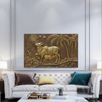 Kamdhenu Cow 3D Relief Wall Mural (30x48 inch) in golden colour, a powerful Vastu symbol for prosperity.