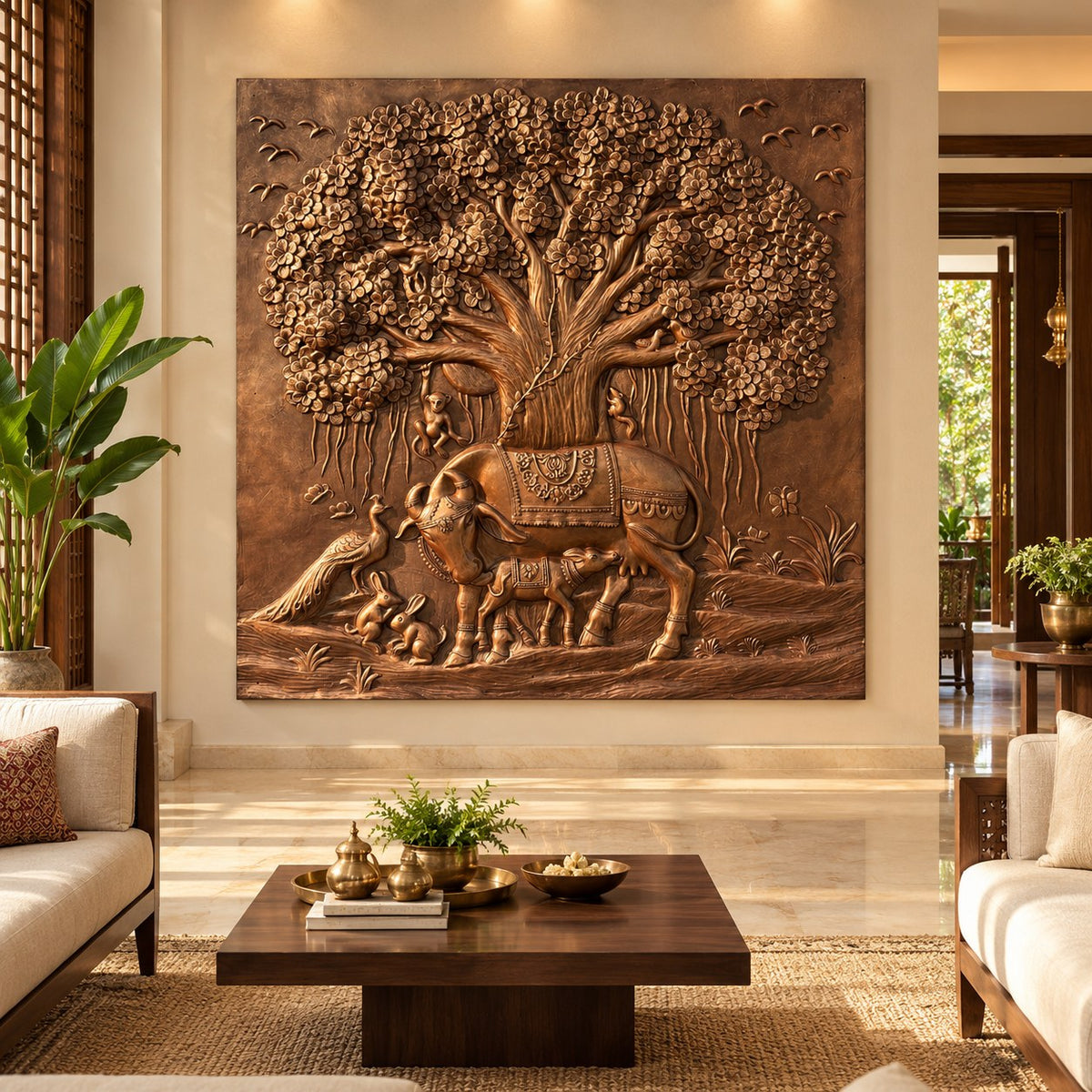 Full view of Kamdhenu under Kalpavriksha 3D relief wall art sculpture in a large handcrafted spiritual design in bronze colour.