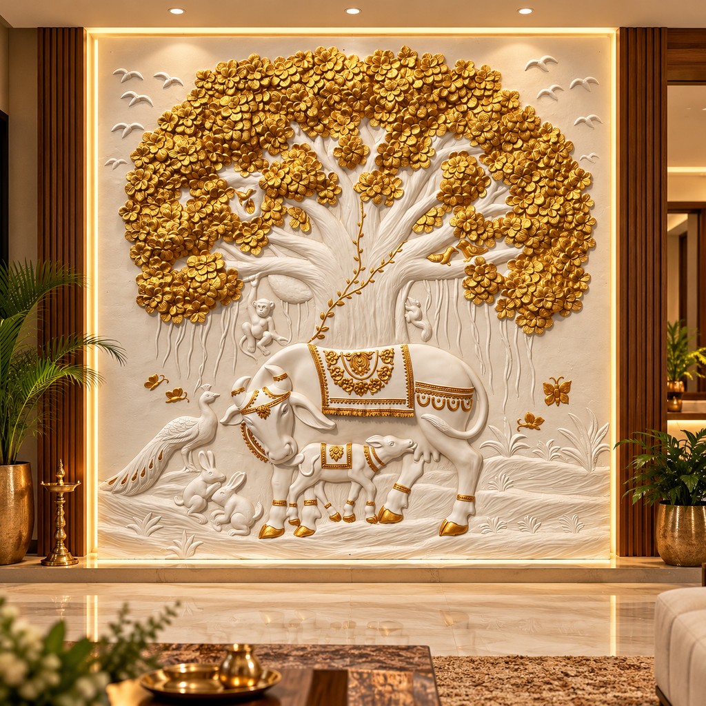 Full view of Kamdhenu under Kalpavriksha 3D relief wall art sculpture in a large handcrafted spiritual design in white and golden highlights.