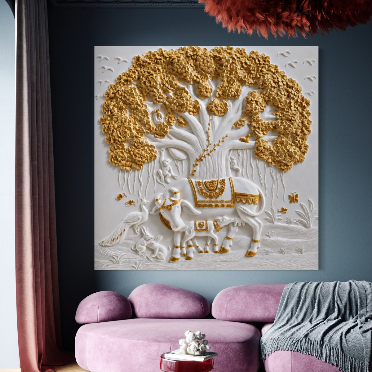 Full view of Kamdhenu under Kalpavriksha 3D relief wall art sculpture in a large handcrafted spiritual design.