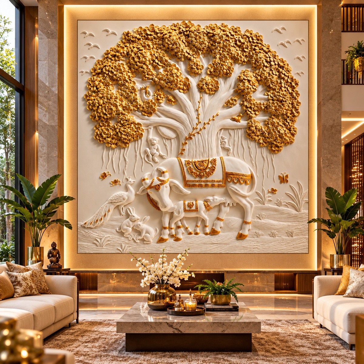 Full view of Kamdhenu under Kalpavriksha 3D relief wall art sculpture in a large handcrafted spiritual design
