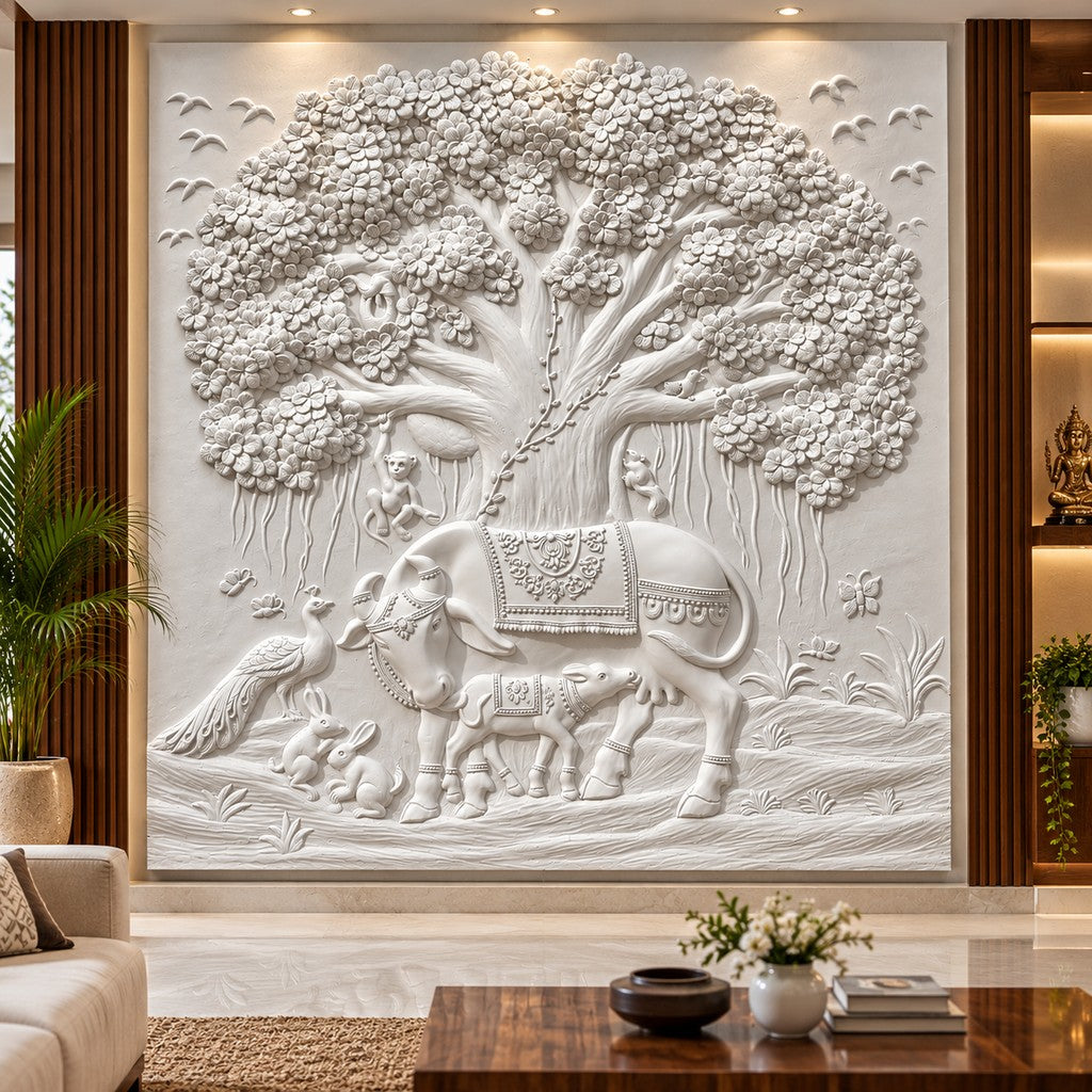 Full view of Kamdhenu under Kalpavriksha 3D relief wall art sculpture in a large handcrafted spiritual design in white colour.