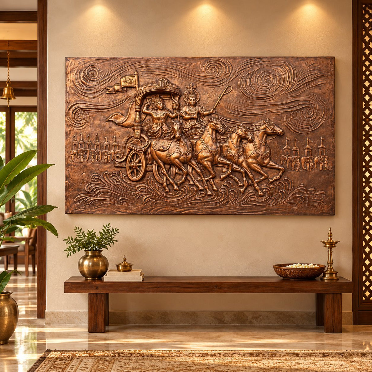 Krishna Arjuna epic storytelling mural, a timeless piece of spiritual and artistic expression in bronze colour.