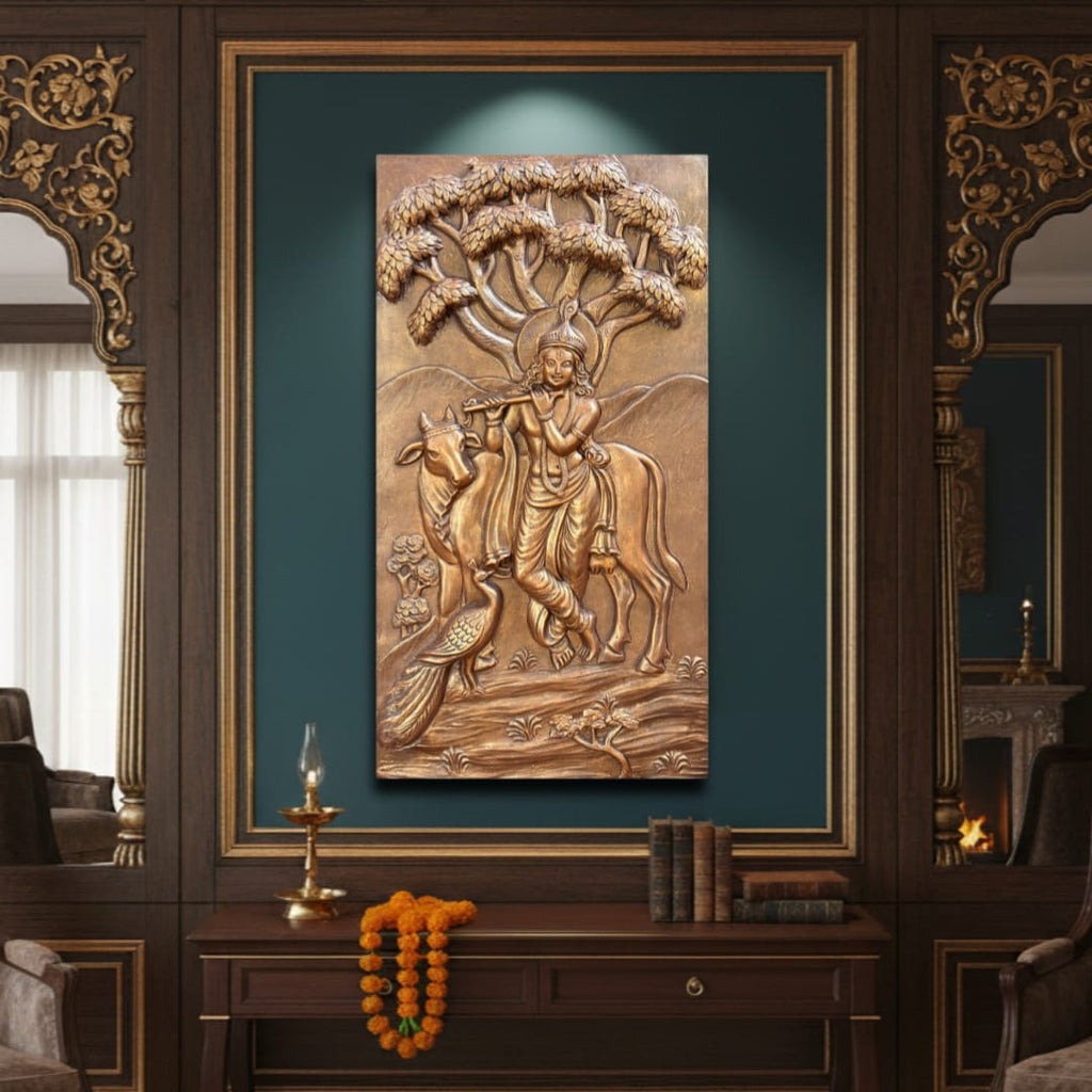 Krishna with Cow 3D Relief Mural 52 inch by 28 inch in bronze highlights made of fiberglass, radiating tranquility and divine grace.