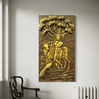 Krishna with Cow 3D Relief Mural 52 inch by 28 inch in golden highlights made of fiberglass, radiating tranquility and divine grace.