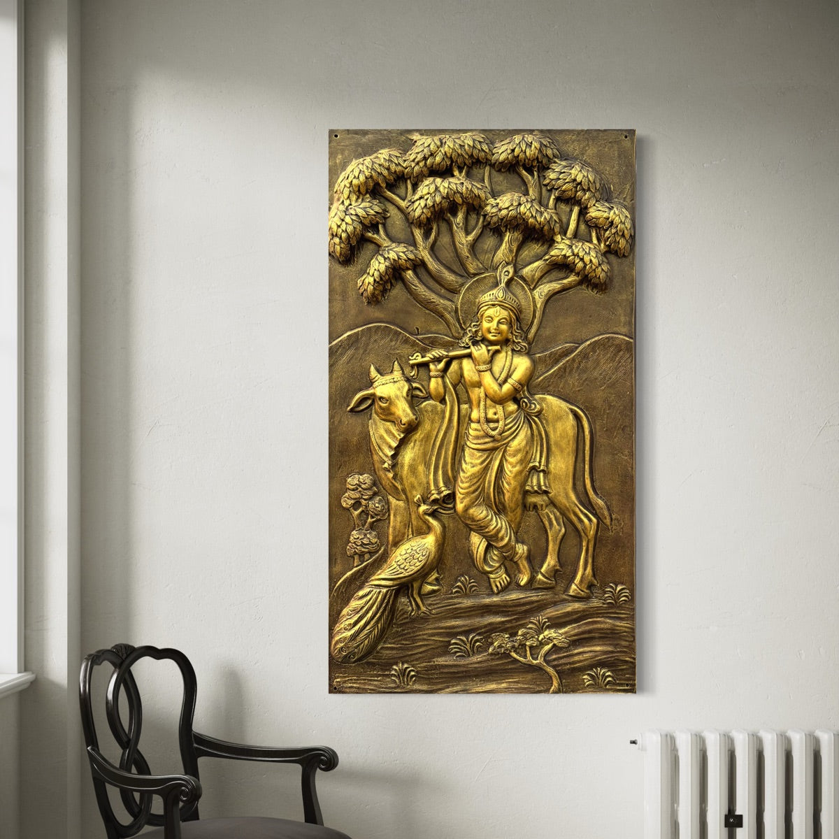 Krishna with Cow 3D Relief Mural 52 inch by 28 inch in golden highlights made of fiberglass, radiating tranquility and divine grace.