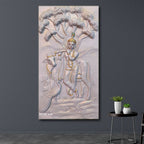 Krishna with Cow 3D Relief Mural 52 inch by 28 inch in white colour with golden highlights made of fiberglass, radiating tranquility and divine grace.