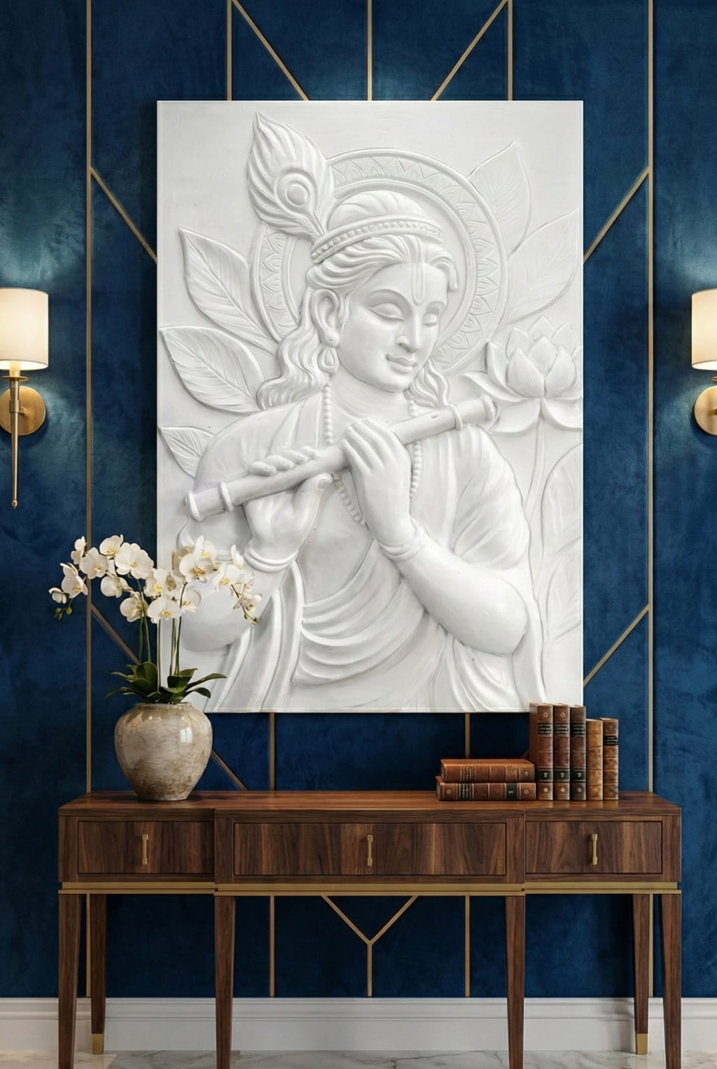 detailed 3D wall mural of Lord Krishna playing the flute, adding spiritual serenity and depth to home or office interiors
