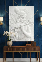 detailed 3D wall mural of Lord Krishna playing the flute, adding spiritual serenity and depth to home or office interiors