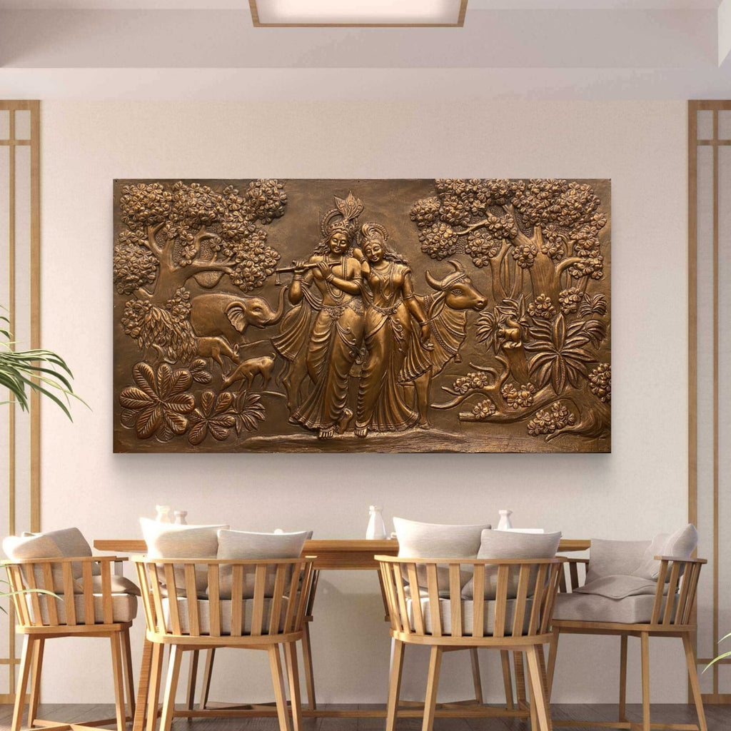 Bronze finish large Radha Krishna 3D wall hanging, 7x4 feet handcrafted relief mural ideal for temples, living rooms, and meditation spaces.