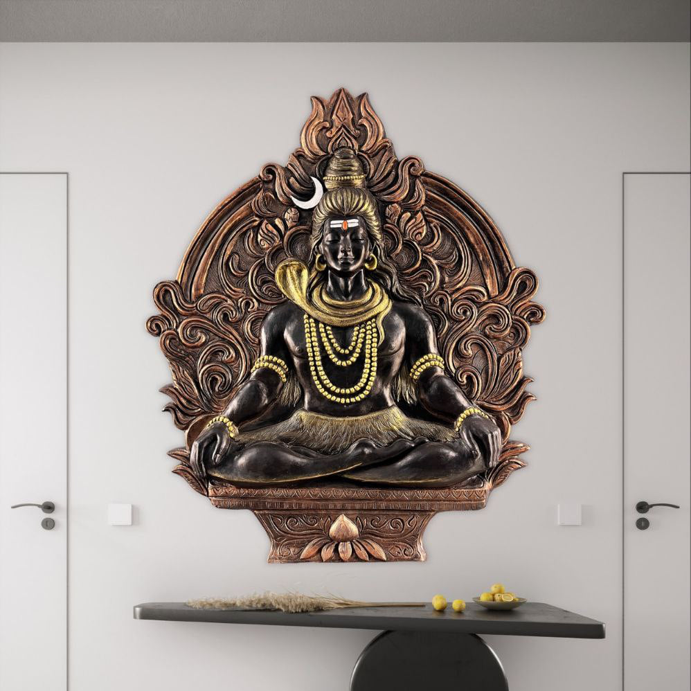 Large 60x52 inch Shiva Mahakal 3D wall mural | handcrafted dual-tone gold and bronze relief sculpture for interior décor