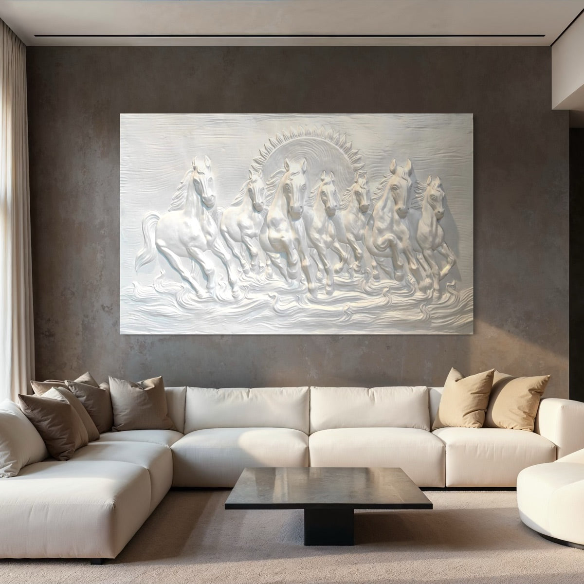 left-moving 7 horses 3D wall mural displaying depth through light and shadow effects