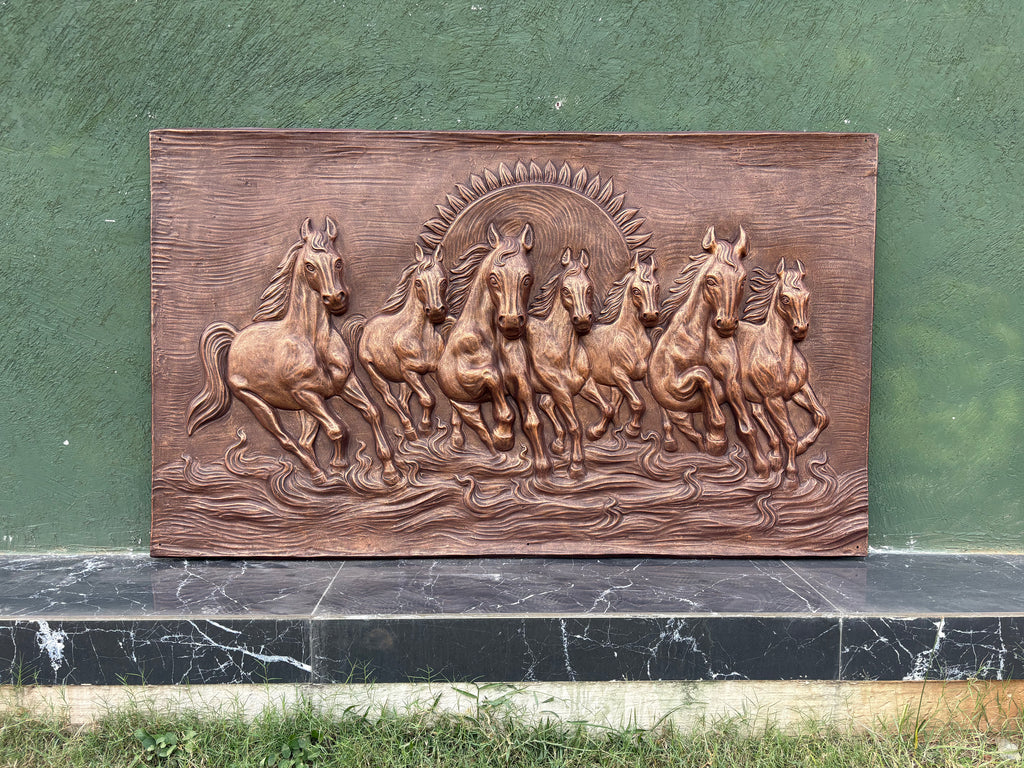 Close-up of left-moving 7 horses 3D relief wall art highlighting dynamic movement and sculpted details