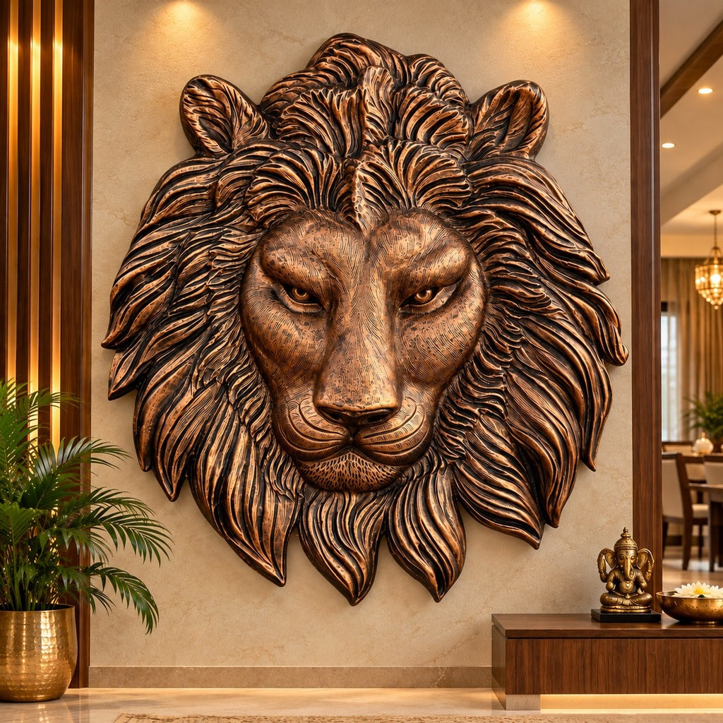 Lion face 3D relief wall art for luxury home and office interiors symbolizing courage, strength, and leadership.