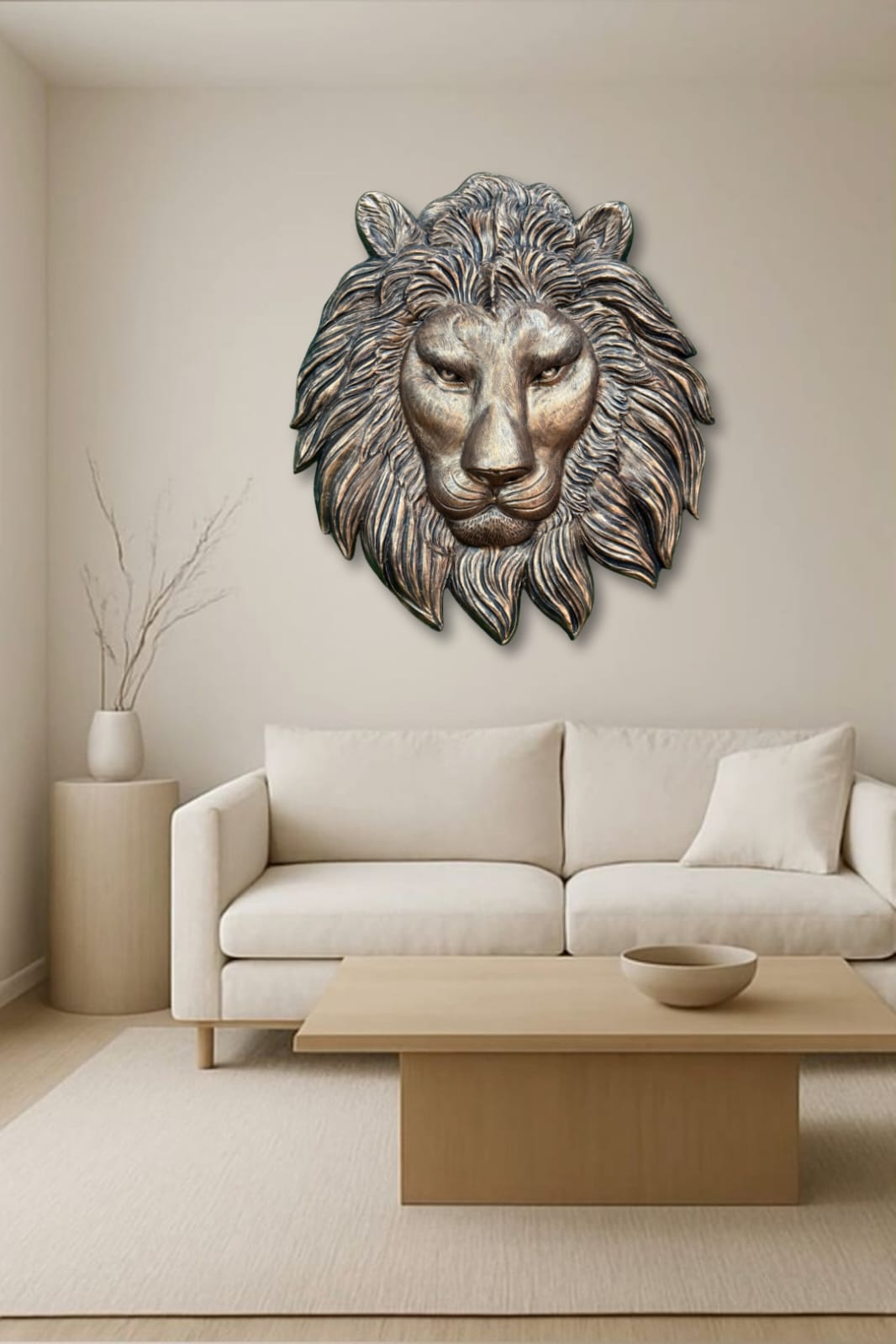 Lion face 3D relief wall art for luxury home and office interiors symbolizing courage, strength, and leadership in bronze colour