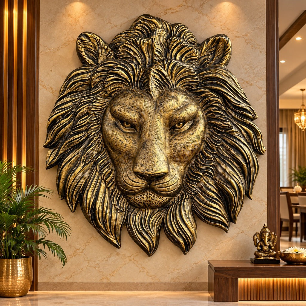 Lion face 3D relief wall art for luxury home and office interiors symbolizing courage, strength, and leadership in golden colour.