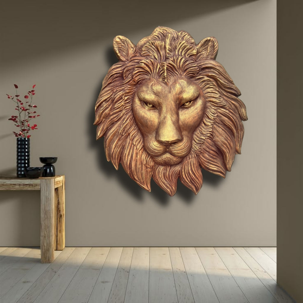 Lion face 3D relief wall art for luxury home and office interiors symbolizing courage, strength, and leadership