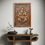 3D mural wall panel of Dancing Ganesha, ideal for invoking positivity, grace, and divine rhythm in your space, office and temple bronze colour and framed.