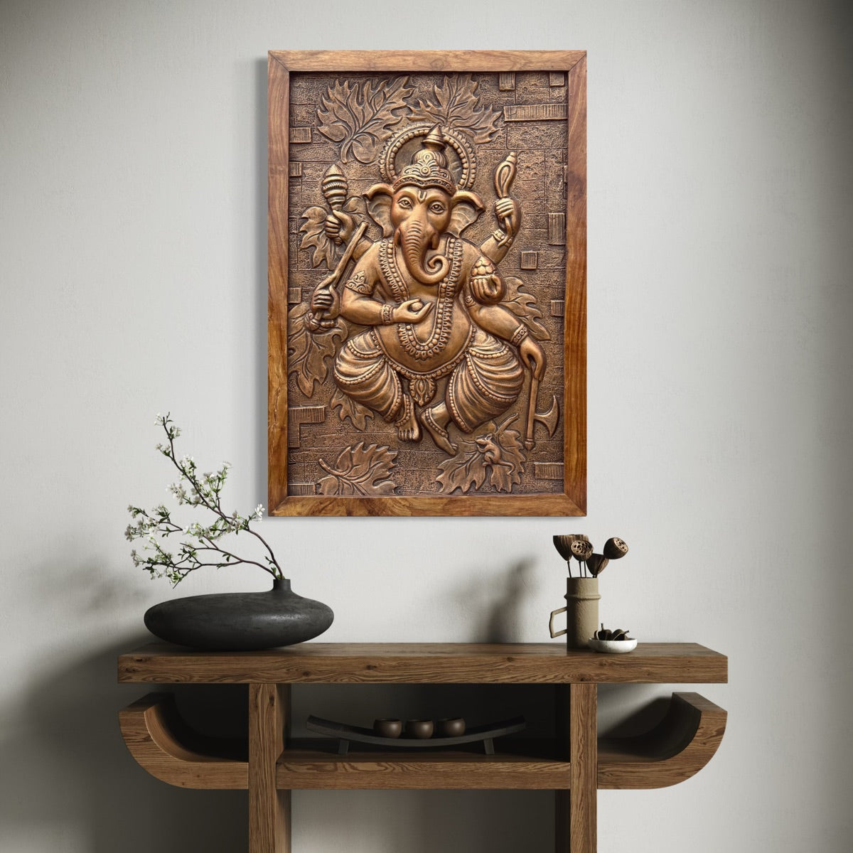 3D mural wall panel of Dancing Ganesha, ideal for invoking positivity, grace, and divine rhythm in your space, office and temple bronze colour and framed.