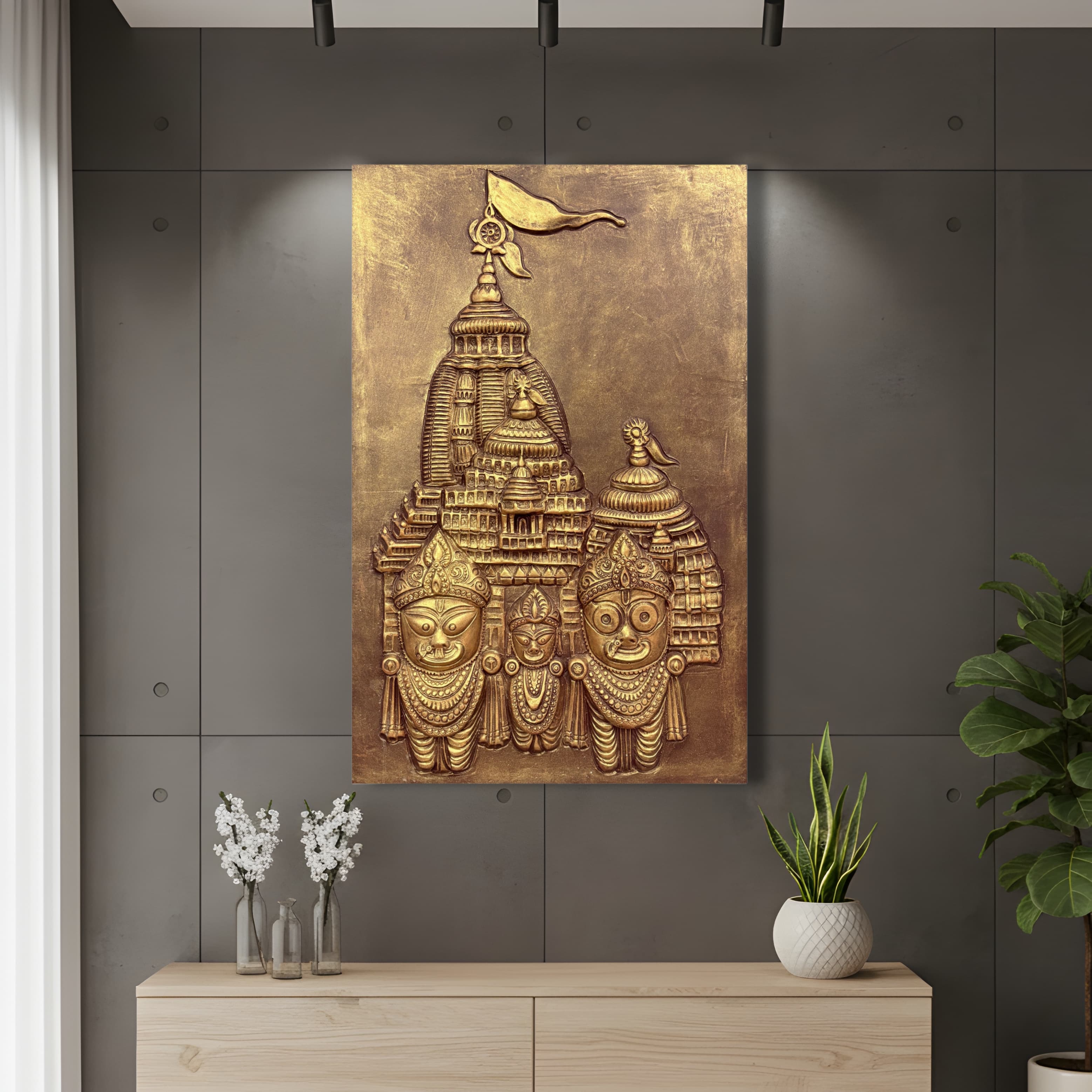 Lord Jagannath 3D mural wall art in 3x2 feet size, handcrafted elevated relief sculpture available in golden, bronze, and white finishes for spiritual home decor