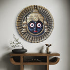 Lord Jagannath 3D relief mural wall art in 3x3 feet size, handcrafted spiritual sculpture designed for home, temple, and meditation room decor.