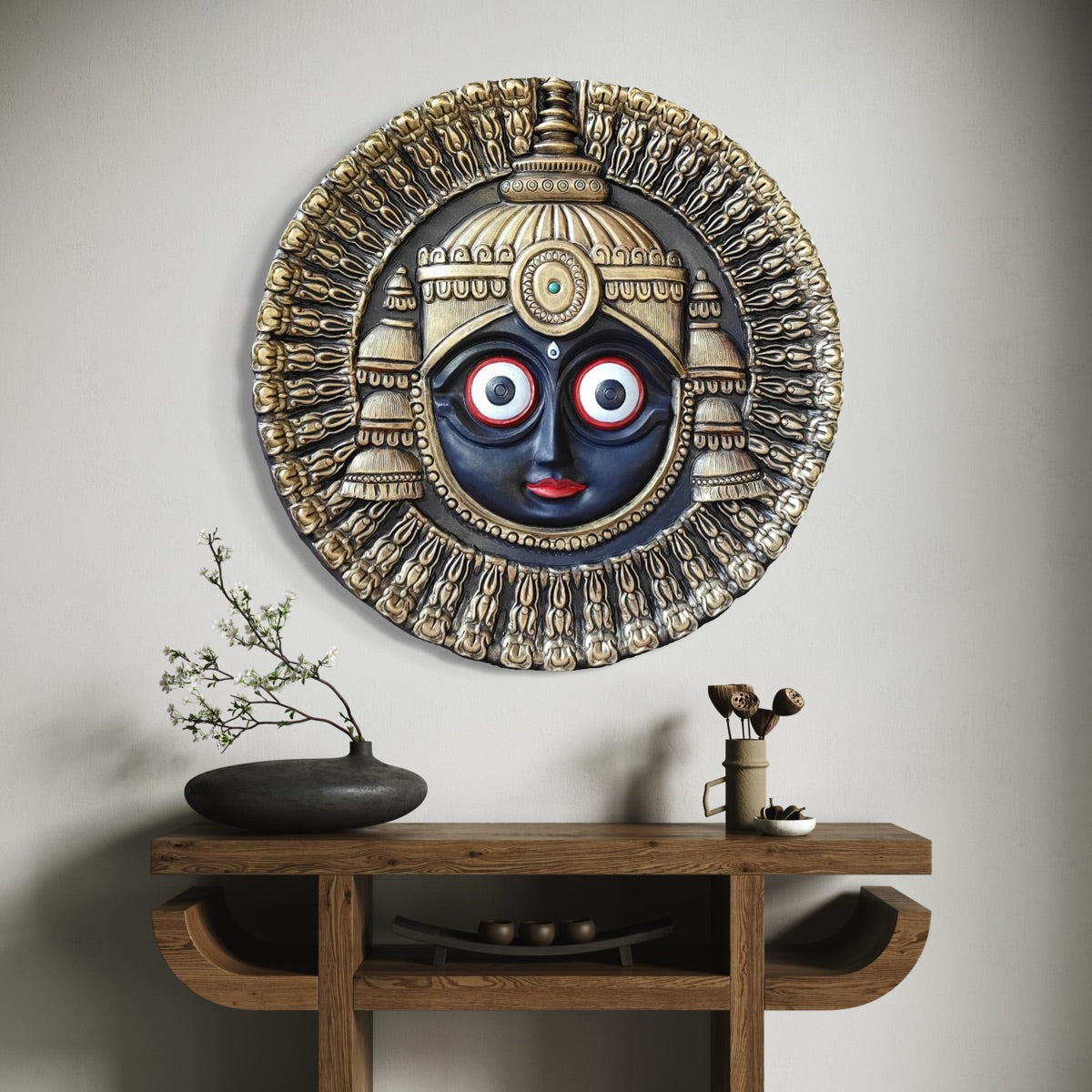 Lord Jagannath 3D relief mural wall art in 3x3 feet size, handcrafted spiritual sculpture designed for home, temple, and meditation room decor.