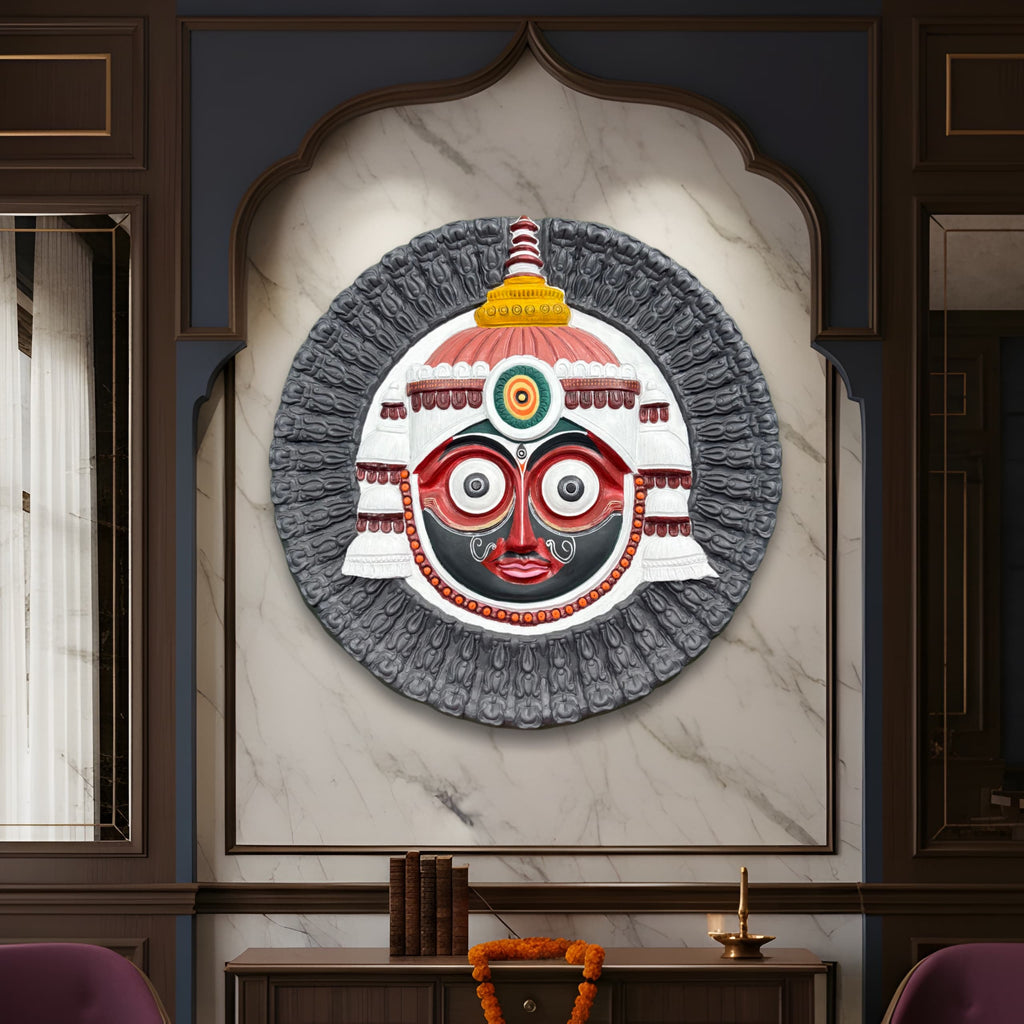 Lord Jagannath 3D relief mural wall art in 3x3 feet size, handcrafted spiritual sculpture designed for home, temple, and meditation room decor