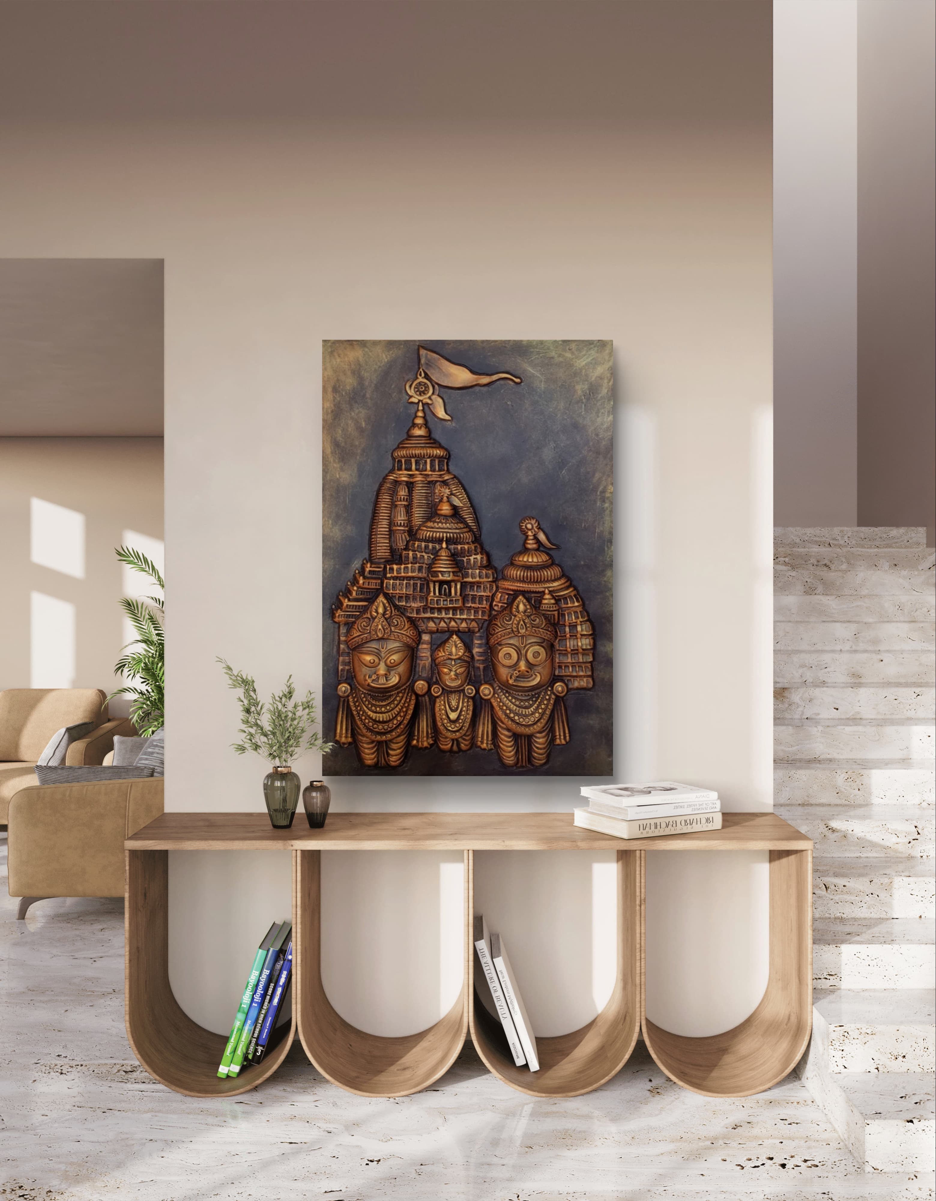 3x2 feet 3D relief wall mural of Lord Jagannath, symbolizing divine grace, compassion, and spiritual presence.