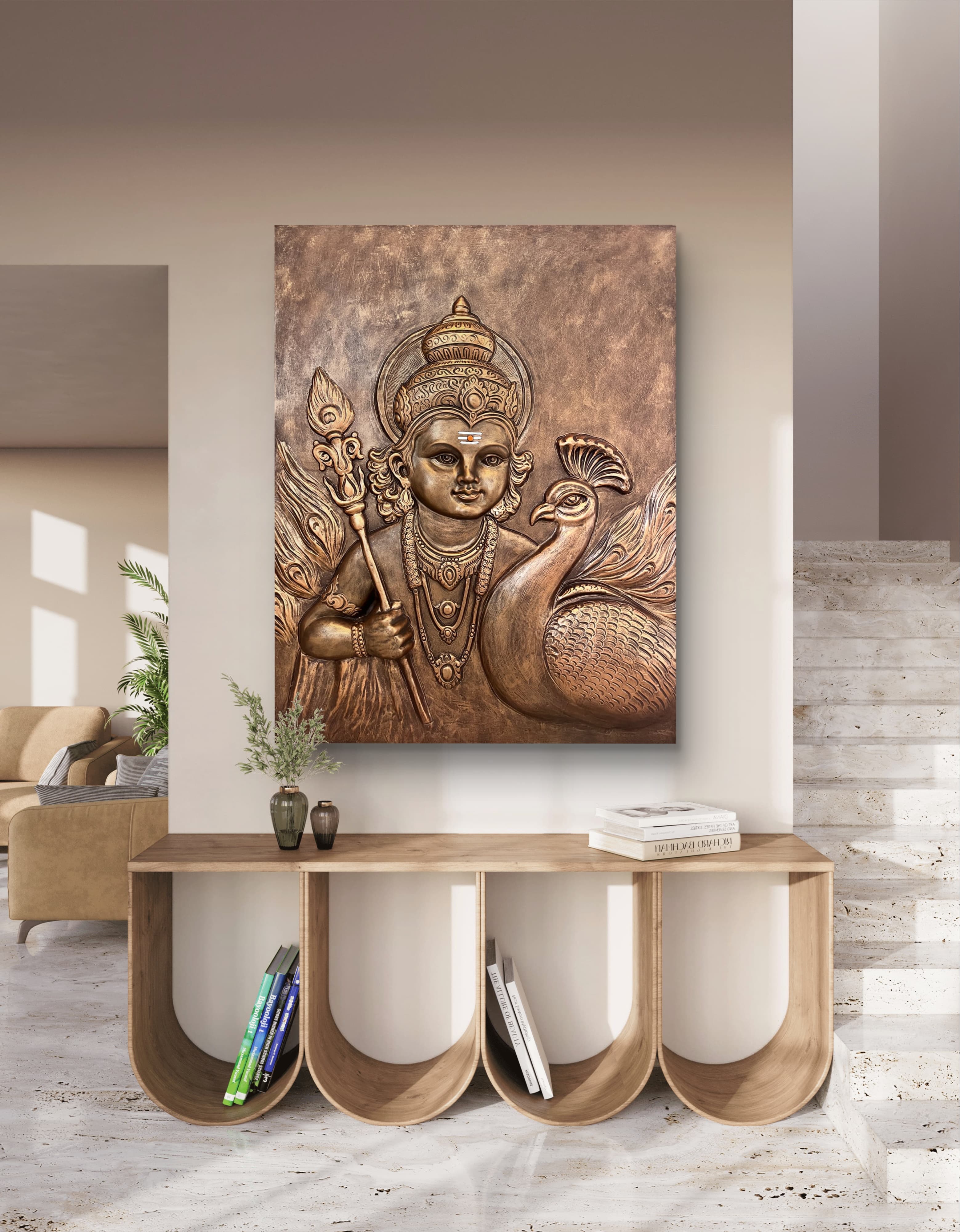 Lord Murugan with his sacred Peacock 3D Relief Mural (4x3 ft), symbolizing victory and grace.