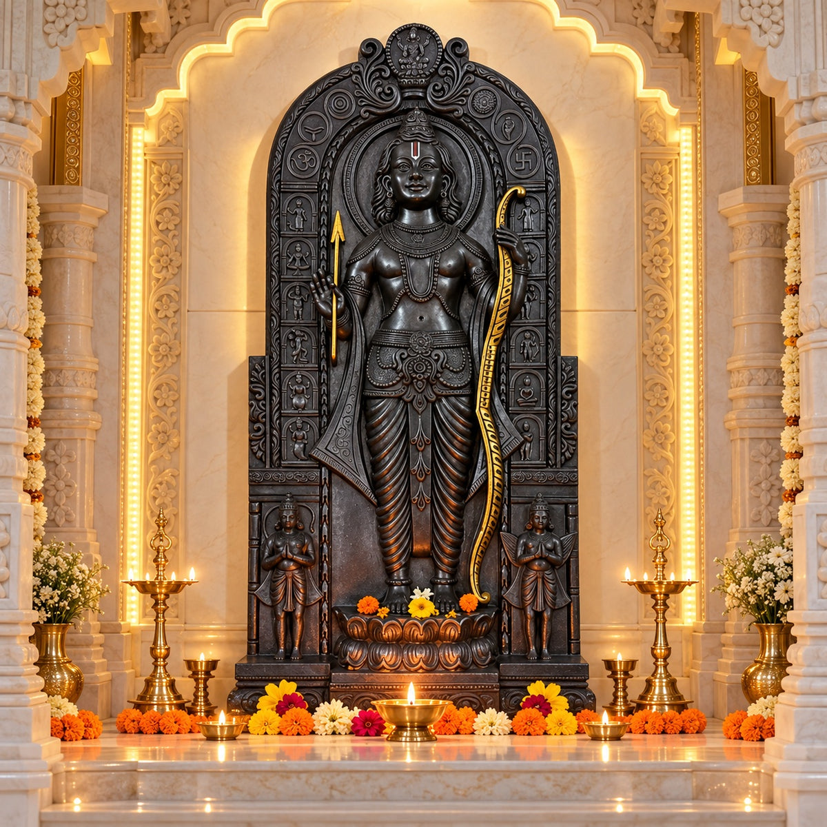 Close-up of Ram Lalla Ji 3D relief wall art highlighting intricate sculpted details and devotional craftsmanship