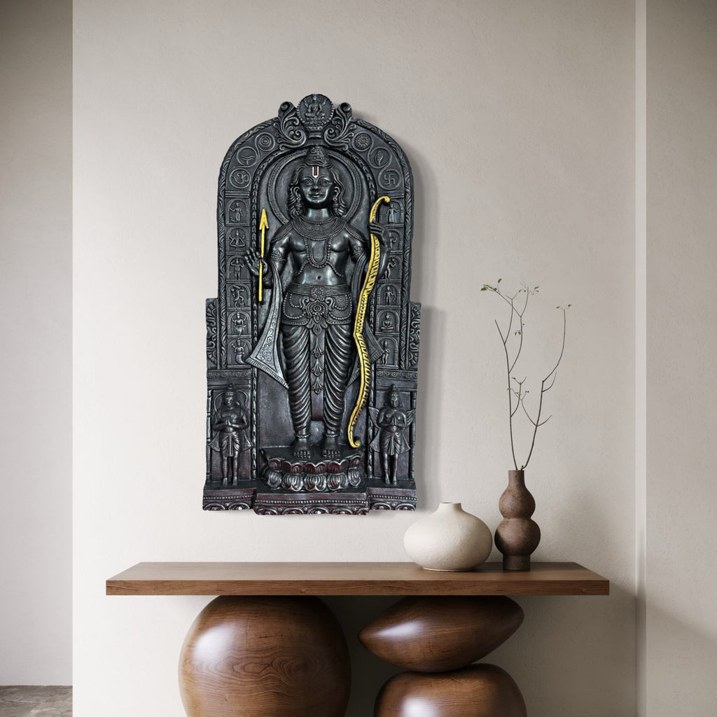 Close-up of Ram Lalla Ji 3D relief wall art highlighting intricate sculpted details and devotional craftsmanship.
