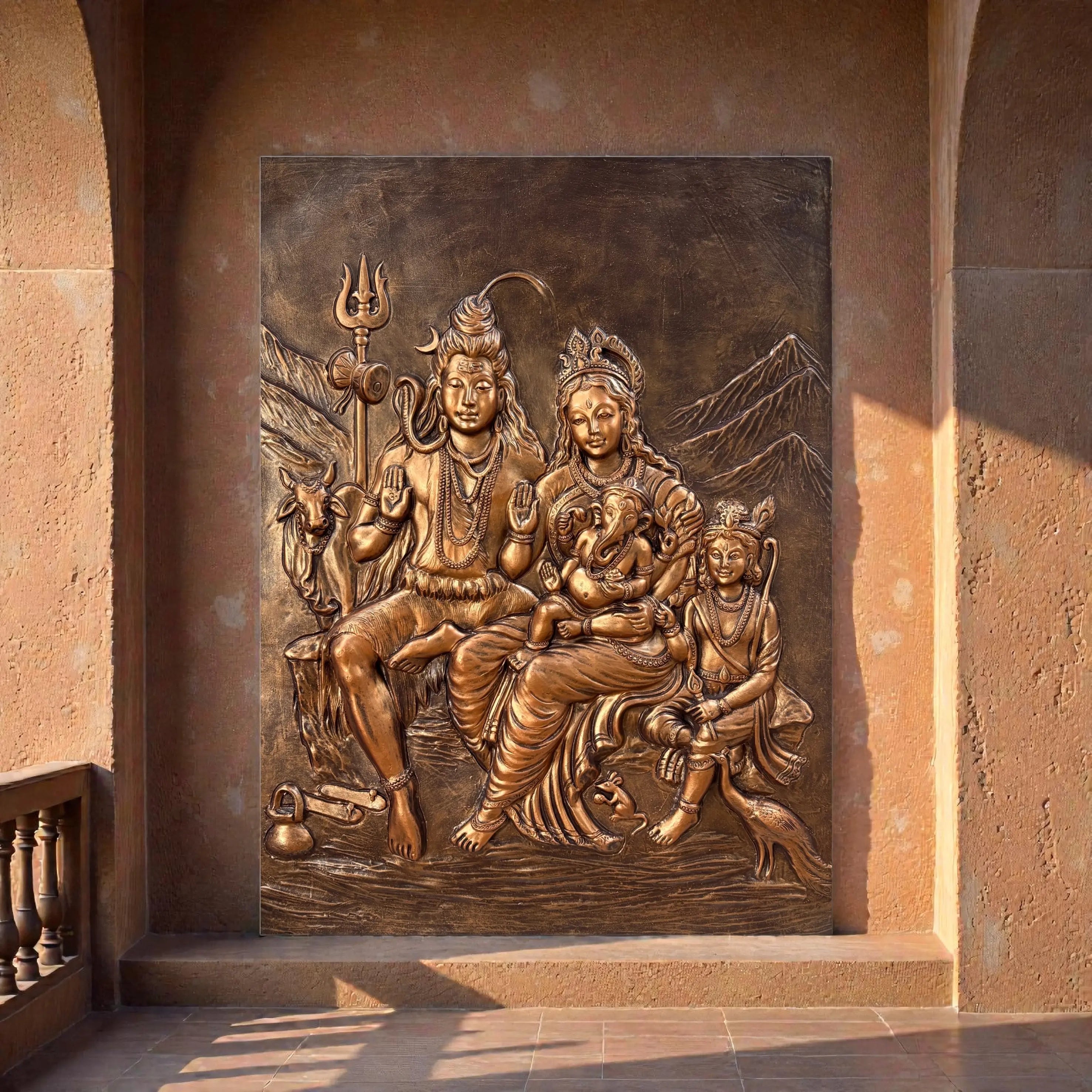 Lord Shiva Parivar 3D wall relief artwork symbolizing unity, protection, and divine blessings for living room or pooja room decor