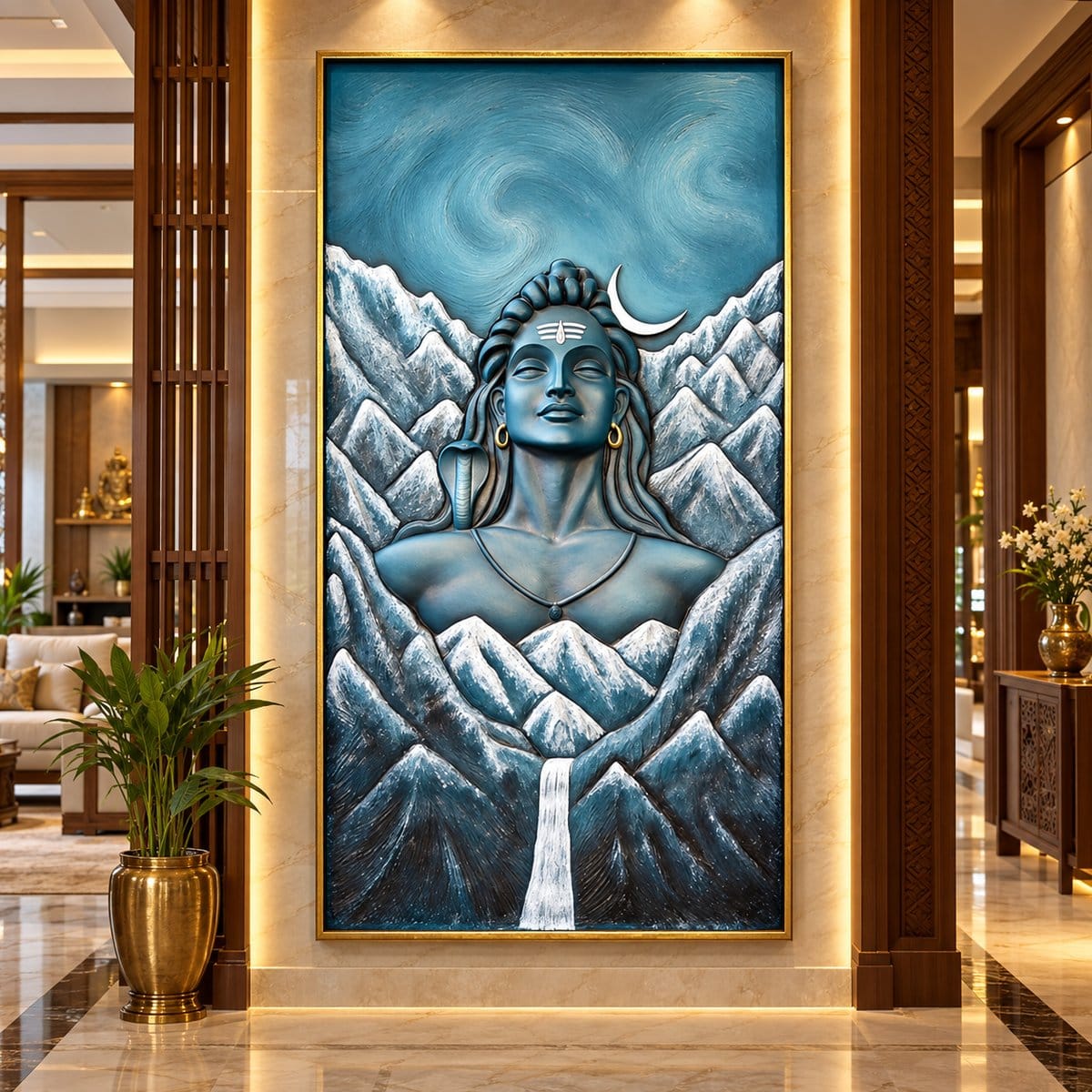 Lord Shiva 3D wall art illuminated with LED lighting to enhance sculptural depth and visual impact.
