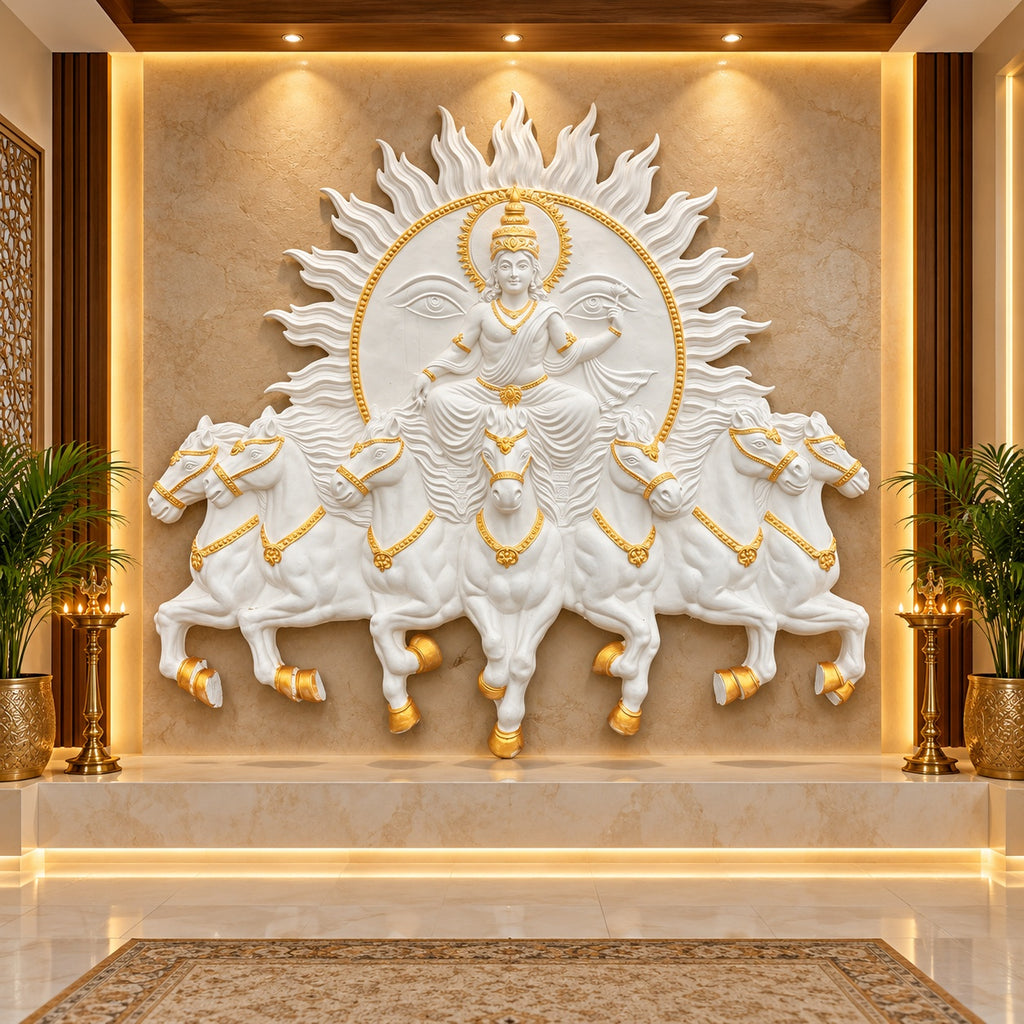 Close-up of Lord Surya Narayana 3D relief wall art highlighting intricate sculpted details and craftsmanship