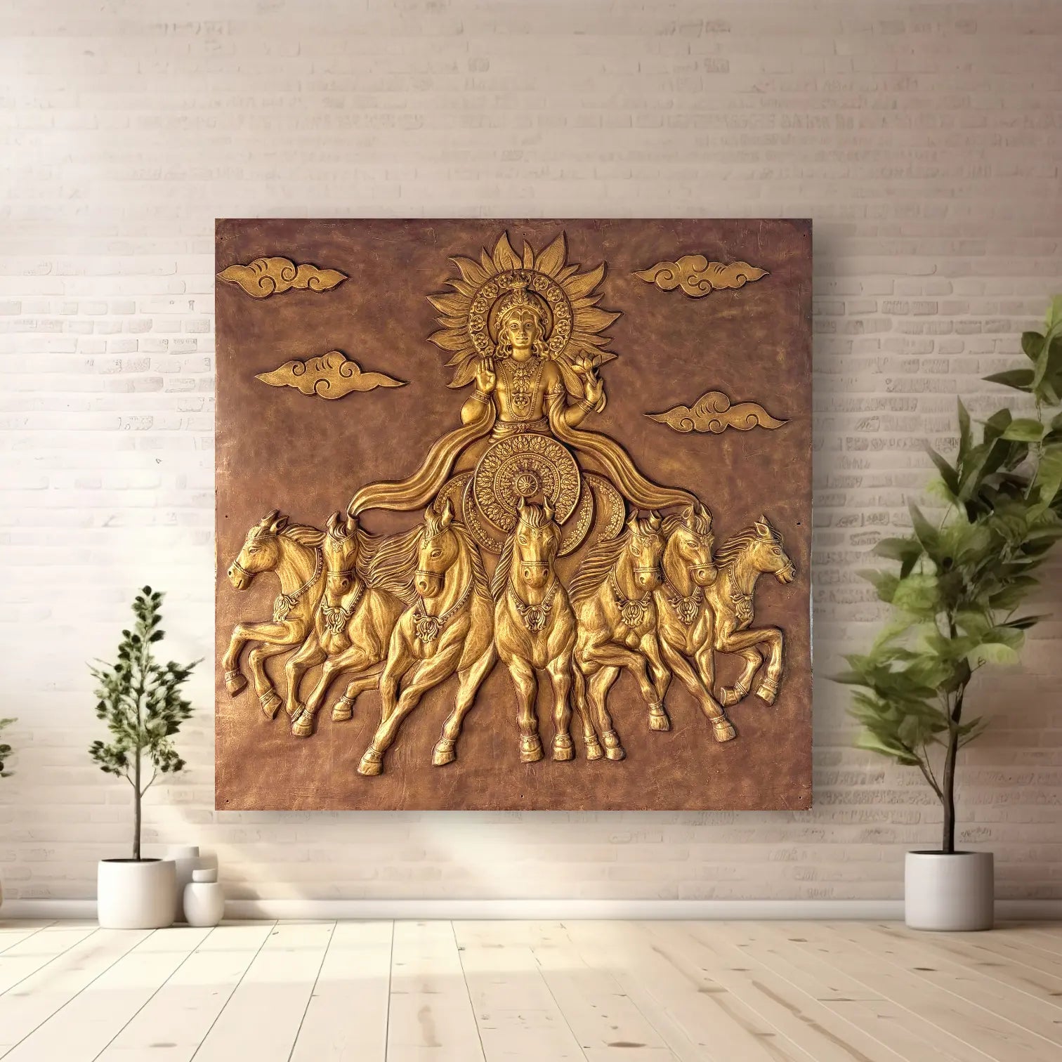 Lord Surya Narayana 3D relief wall mural in 7x7 feet size depicting the divine Sun God with seven horses, handcrafted spiritual wall decor for large interiors