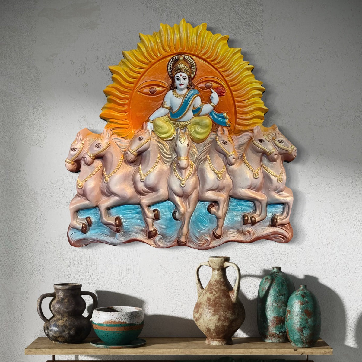 Full view of Lord Surya Narayana 3D wall art sculpture featuring the sun deity with seven horses.