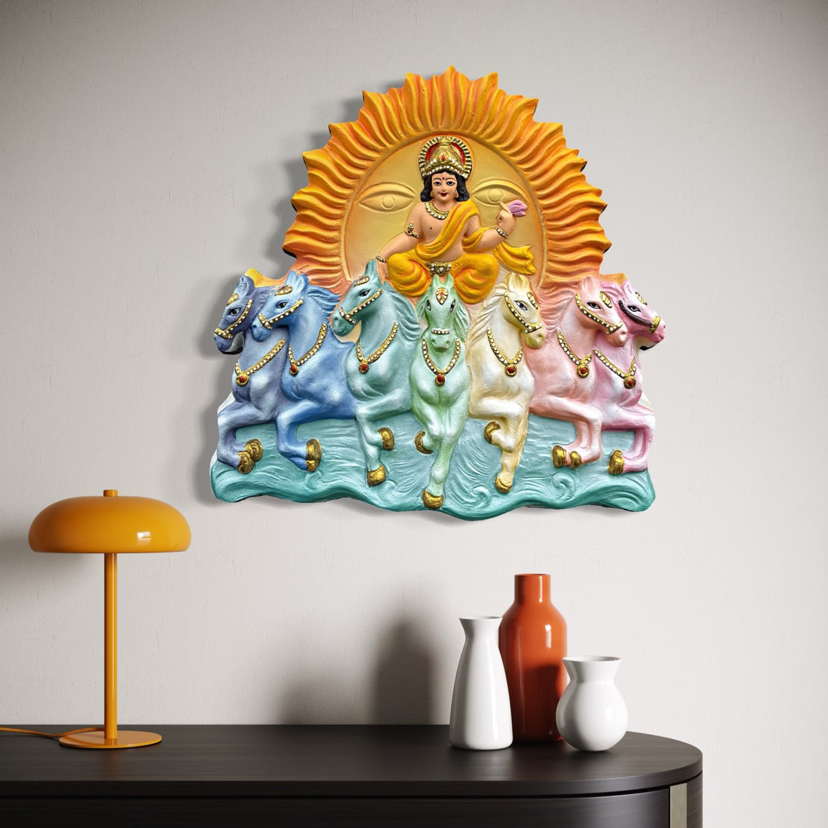 Full view of Lord Surya Narayana 3D wall art sculpture featuring the sun deity with seven horses in multicolour.